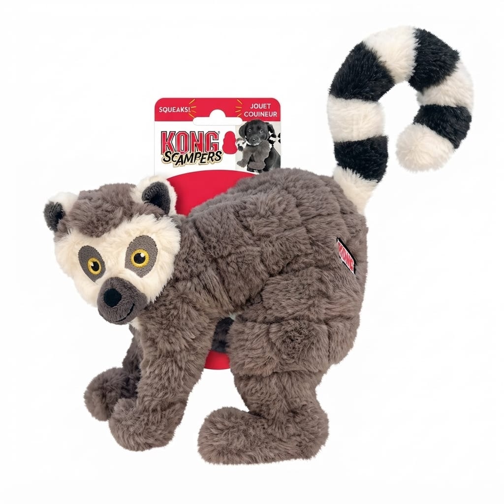 KONG Scampers Lemur Juguete de Peluche con Sonido Squeaky para Cachorro - Cola Rayada, Textura Suave