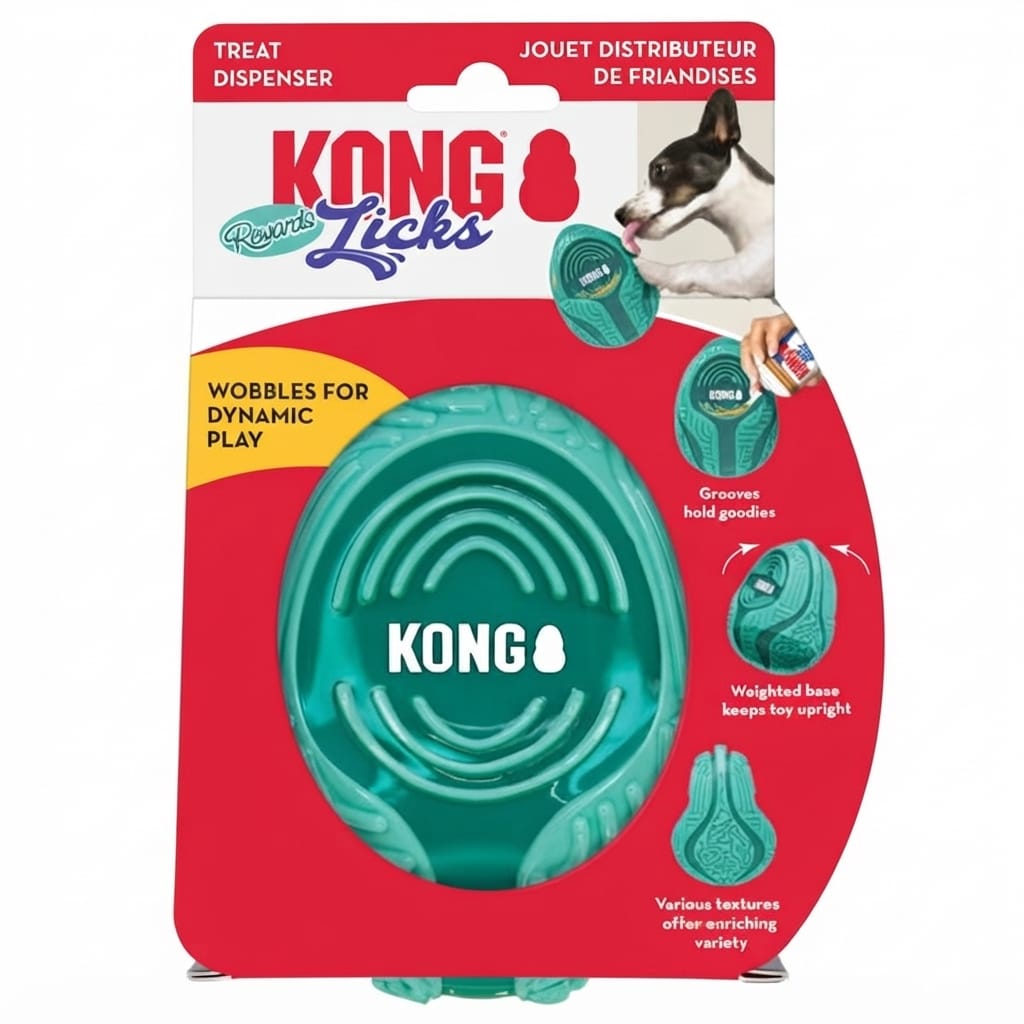 KONG Rewards Licks Dispensador de Premios Wobble para Perro - Ranuras para Untar, Base Ponderada, Juego Enriquecedor
