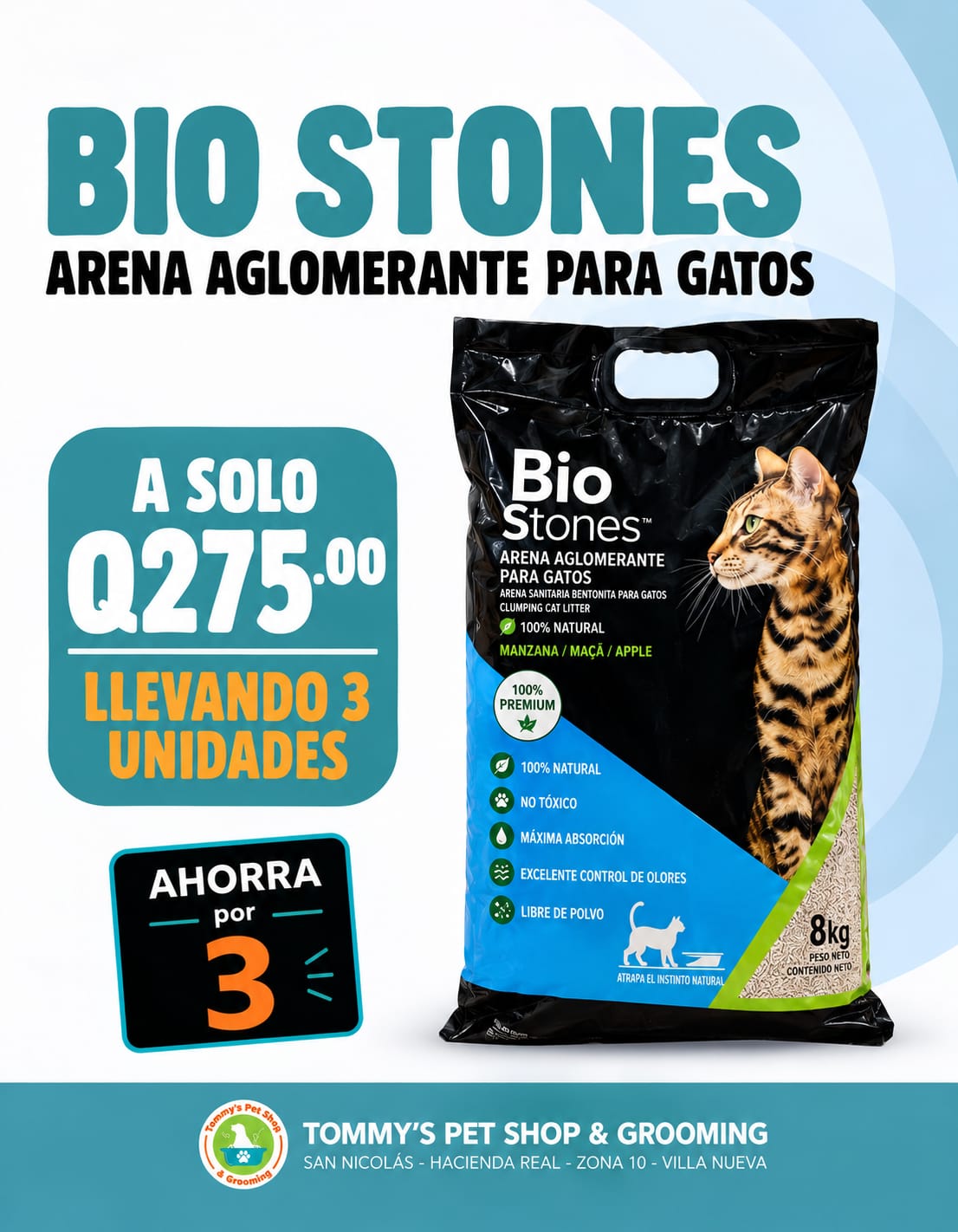 Ahorro x3 BioStones Arena para Gato Aroma Manzana - 8 kg